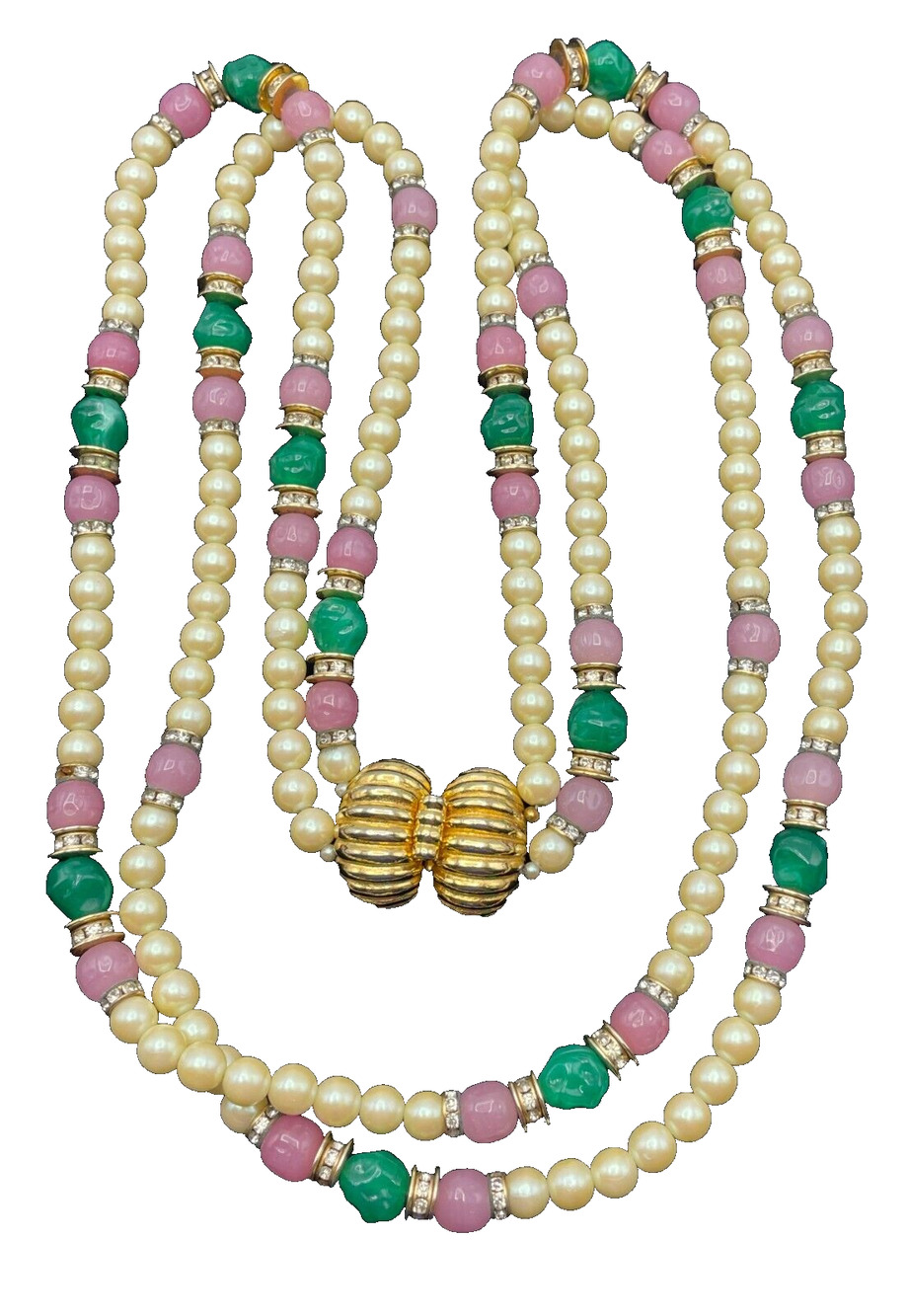 30" Necklace Imitation Pearl Green Pink Beads Gold Tone Box Clasp VTG Preppy